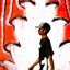 Homem caminha em frente a uma pintura de uma parede com  cortinas vermelhas e pretas